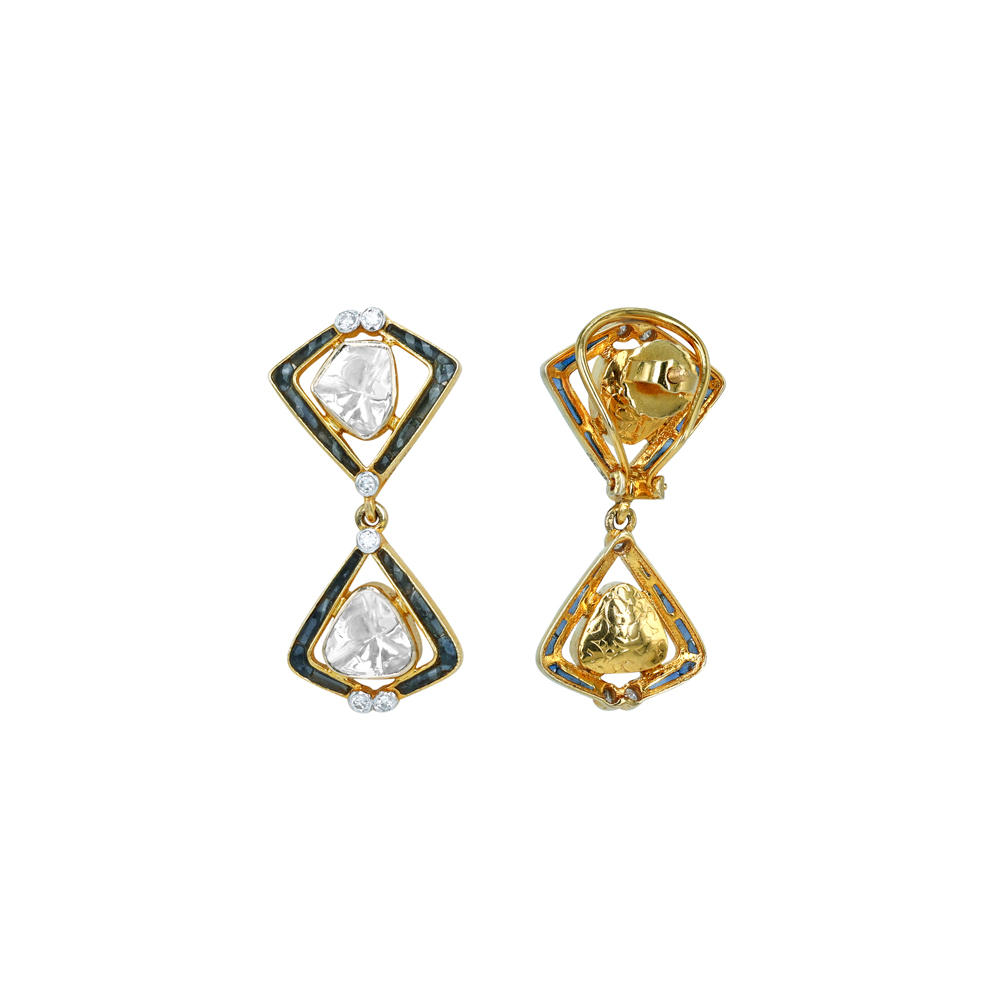 Geometric Polki Earrings with Black Talaf Accents